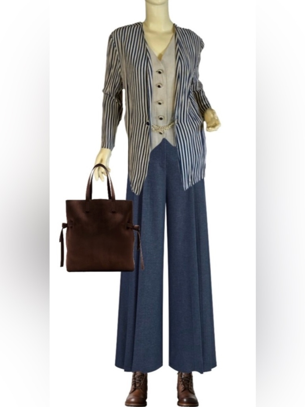VINTAGE 1980'S DRESS SAVVY BLUE & BEIGE STRIPED BLAZER TOP (10P)